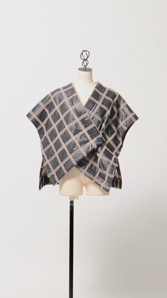 ブロックラインキルティングベスト ウール混 チェック柄 日本製(057-4928)