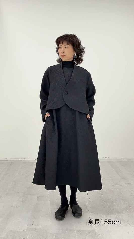 凹凸素材 ジャガード ノーカラージャケット 日本製(057-4981)