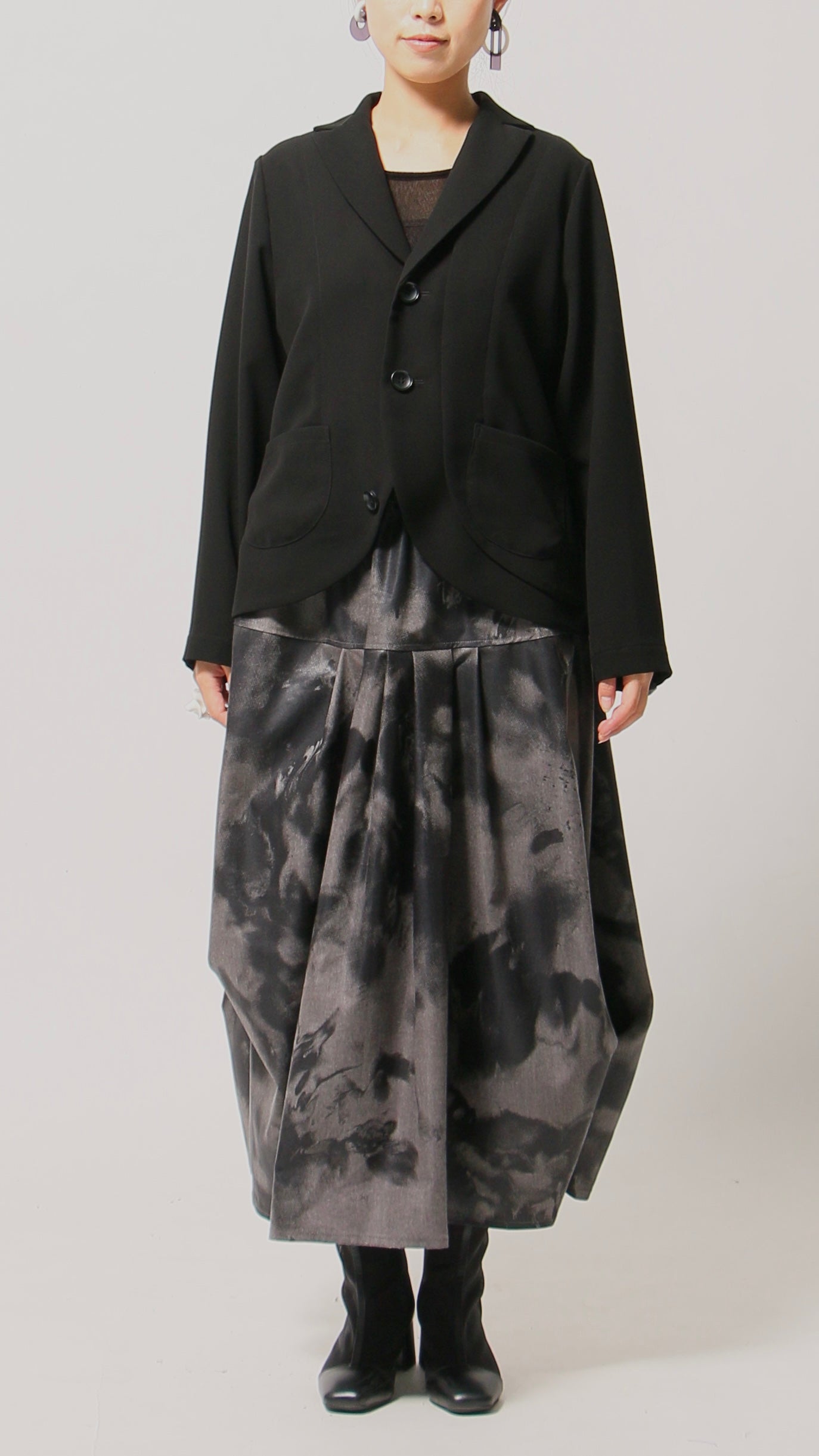 黒拍プリント 変形スカート ロングスカート ドイツ製インポート生地 日本製(057-4904)