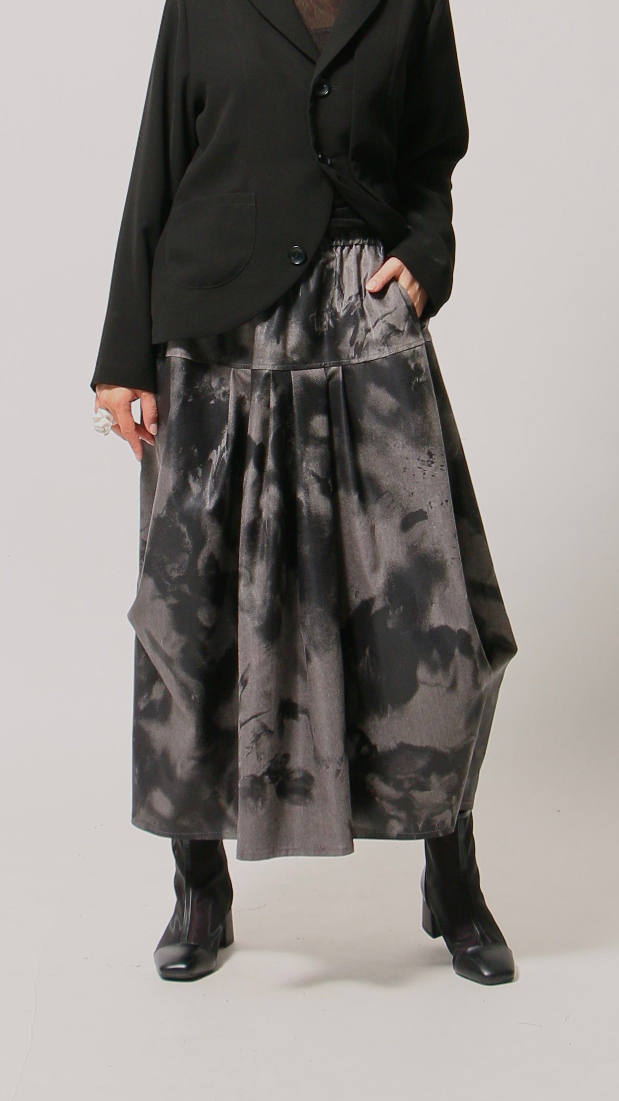 黒拍プリント 変形スカート ロングスカート ドイツ製インポート生地 日本製(057-4904)