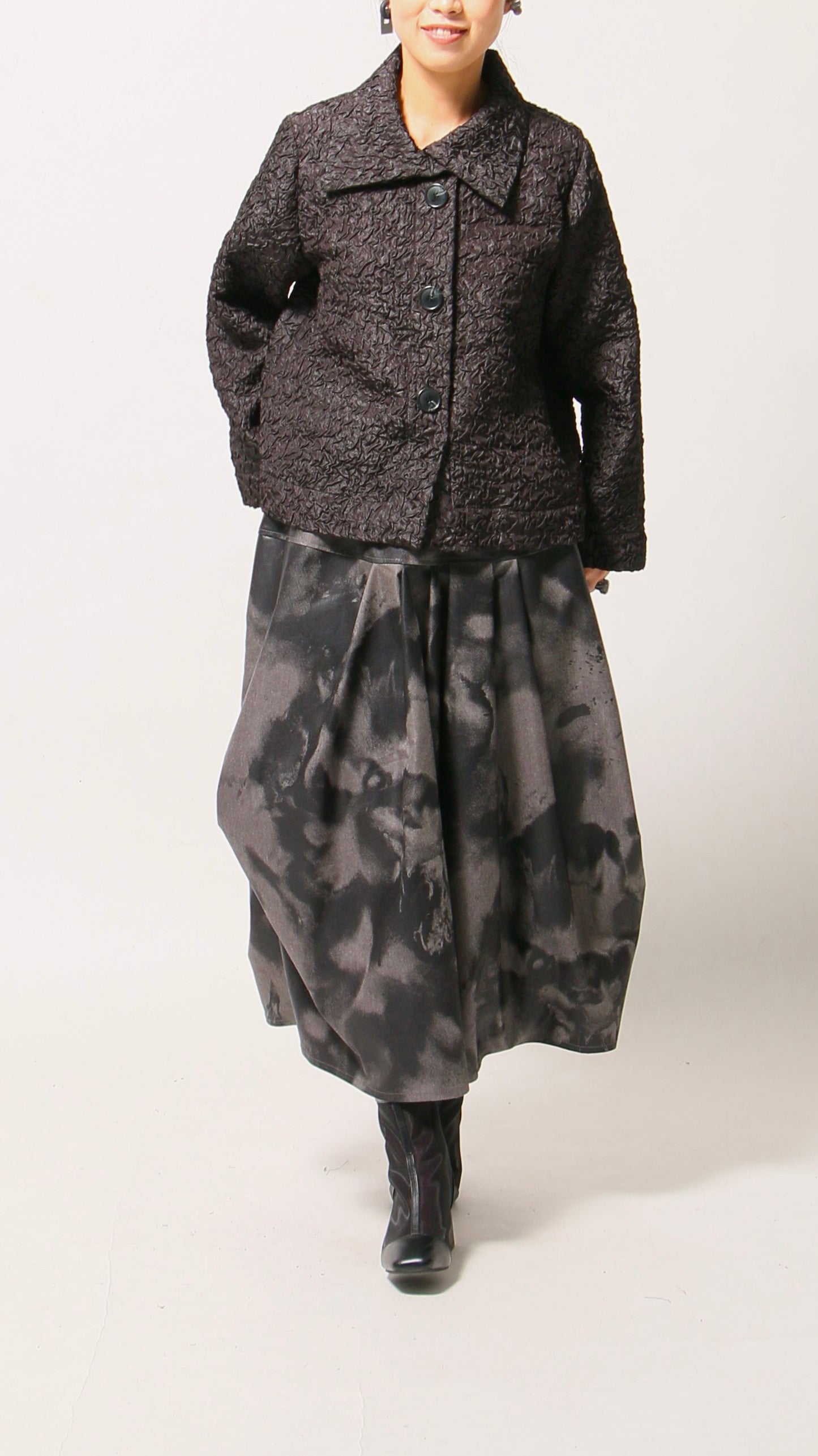 黒拍プリント 変形スカート ロングスカート ドイツ製インポート生地 日本製(057-4904)