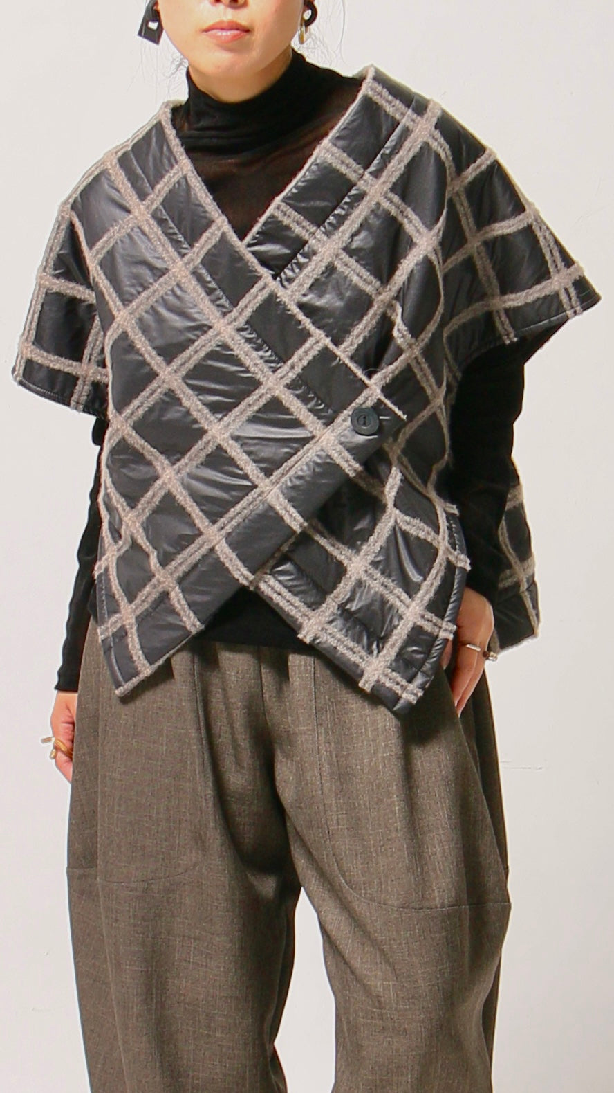 ブロックラインキルティングベスト ウール混 チェック柄 日本製(057-4928)