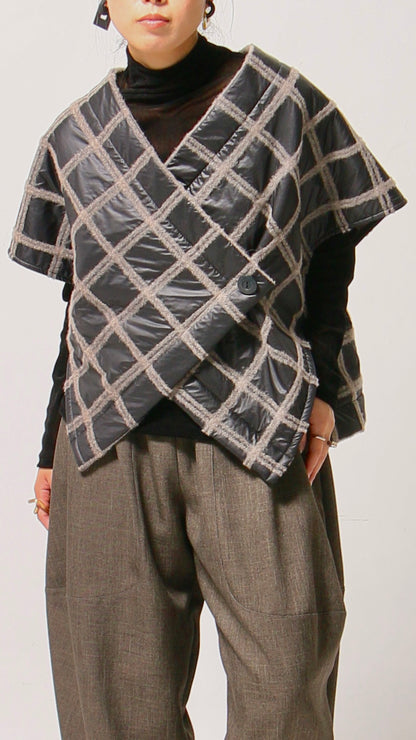 ブロックラインキルティングベスト ウール混 チェック柄 日本製(057-4928)