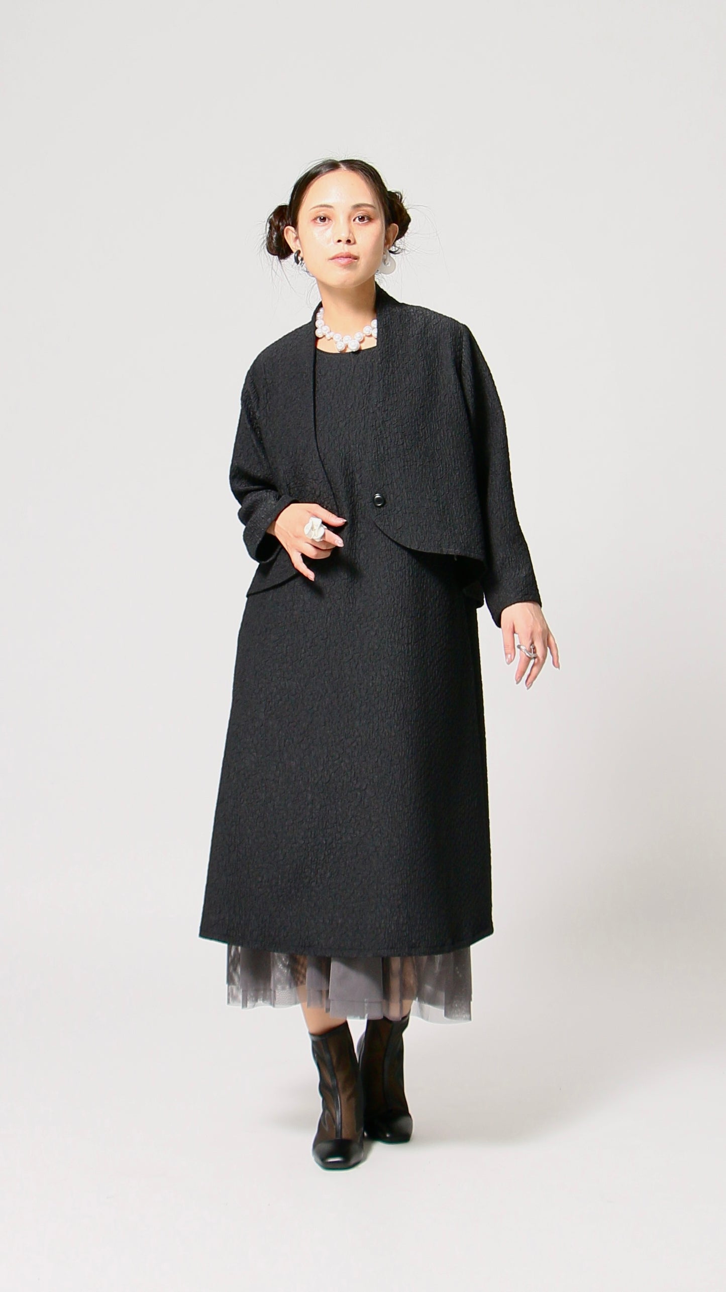 凹凸素材 ジャガード ノーカラージャケット 日本製(057-4981)