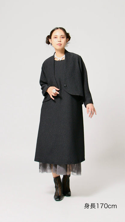 凹凸素材 ジャガード フレンチスリーブAラインワンピース 日本製(057-4982)