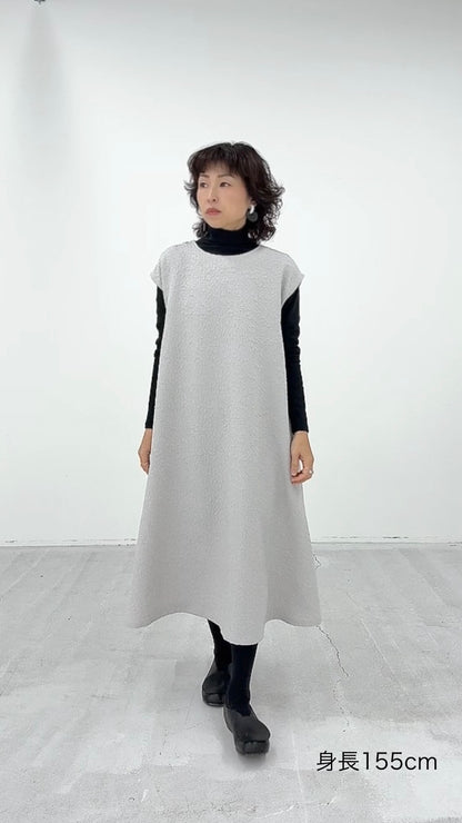 凹凸素材 ジャガード フレンチスリーブAラインワンピース 日本製(057-4982)