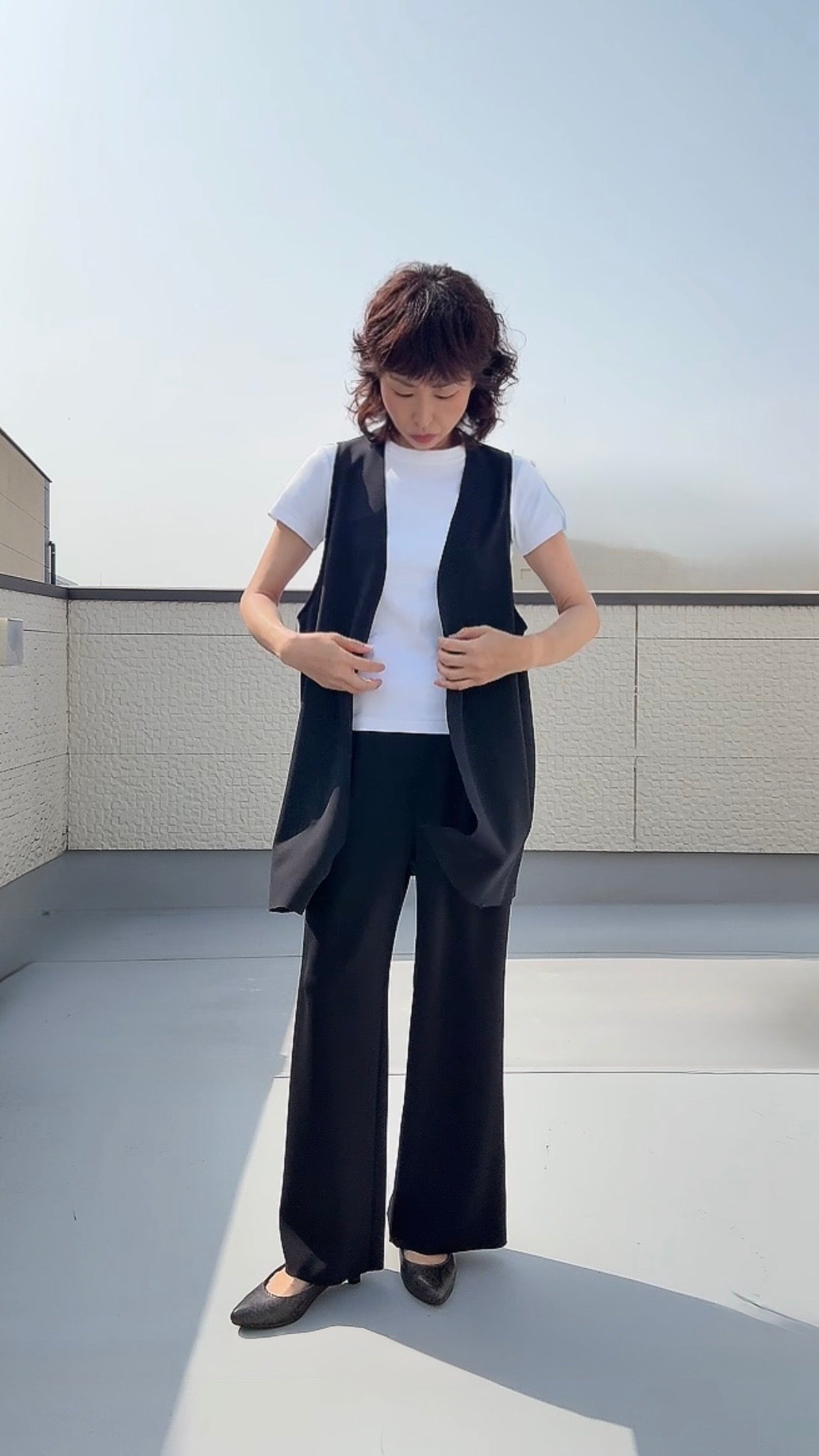 断ち切りダンボールニット ミドルジレ 065-3370