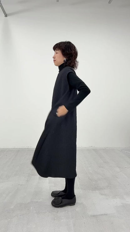 凹凸素材 ジャガード フレンチスリーブAラインワンピース 日本製(057-4982)